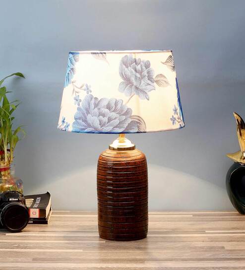 Peach & White Fabric Shade Table Lamp With Brown Base By Foziq