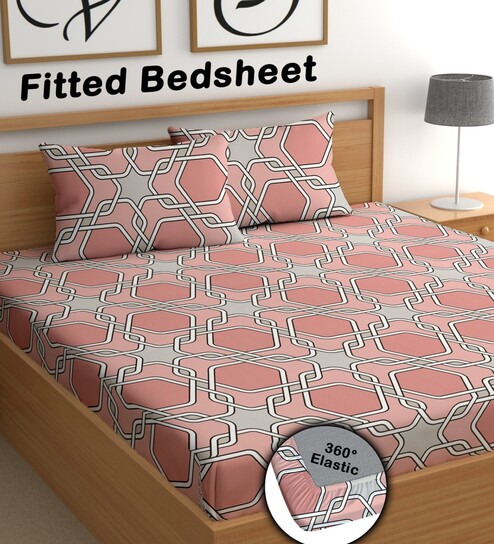 Peach 180 TC Floral Cotton Fitted Double Bedsheet 2 Pillow covers