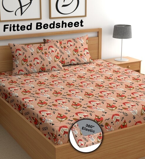 Peach 180 TC Floral Cotton Fitted Double Bedsheet 2 Pillow covers