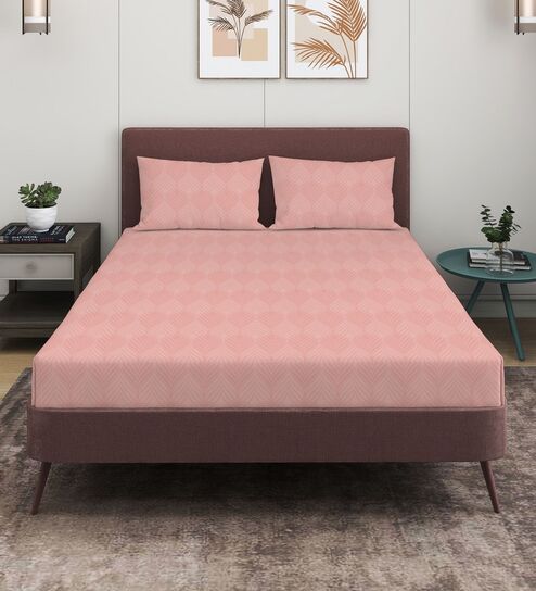 Peach 280 TC Glace Cotton Fitted Bedsheet With Embossed Leaf Pattern