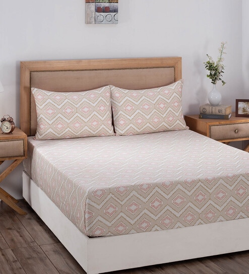 Peach Abstract 210 TC 100% Cotton Double Bed Sheet With 2 Pillow Covers Global Atelier Collection by Maspar