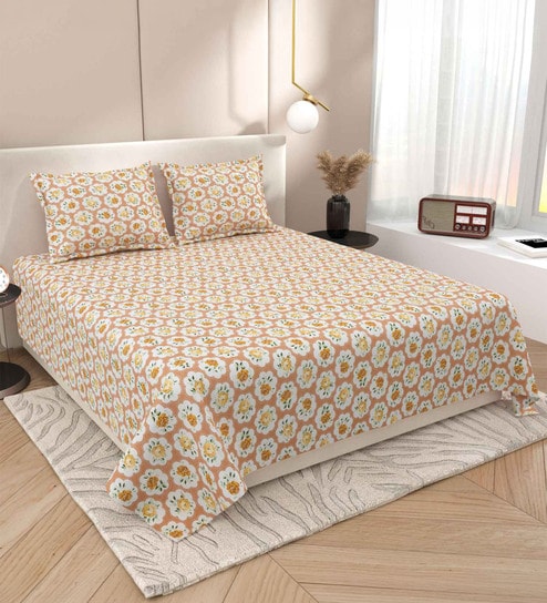 Peach Abstract 220 Tc Cotton Super King Bedsheet With 2 Pillow Covers