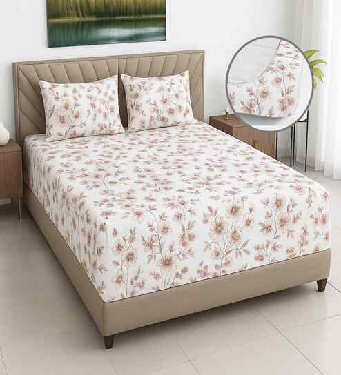 Peach Abstract 400 TC Cotton Queen Size Bedsheet with 2 Pillow covers Essential Series Collection