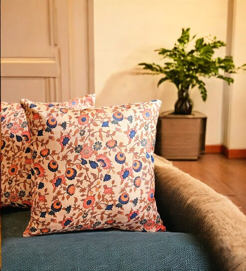 Peach Art Silk Chanderi Textured Floral 16x16 inches Cushion Covers (Set of 2)
