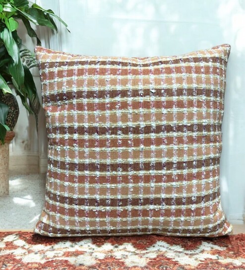 Peach Cotton  Checkered 16x16 inches Cushion Cover