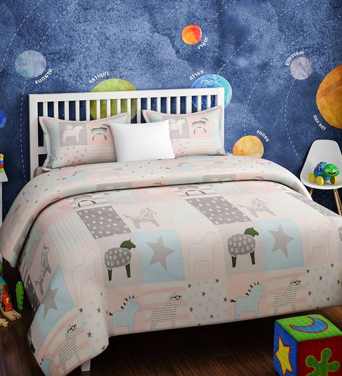 Buy Peach Cotton Kids Pegasus Print Bedsheet Set By Urban Dream