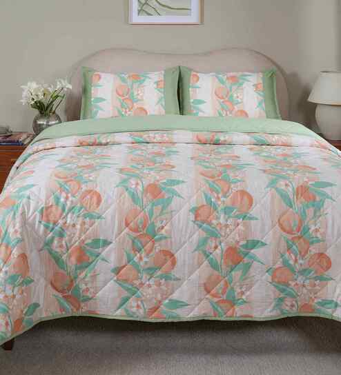 Peach Cotton Polyester Fruit Print 115 GSM Double Bed Quilt