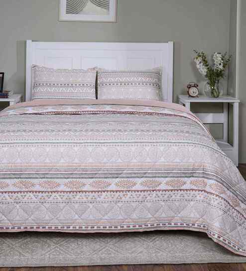 Peach Cotton Polyester Geometric Print 110 GSM Single Bed Quilt