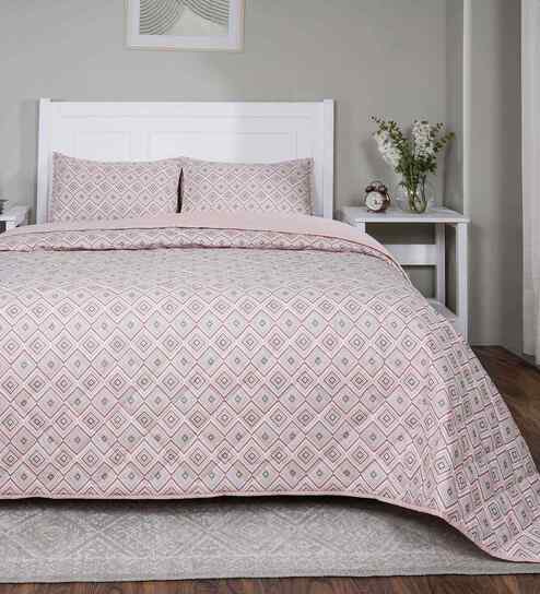Peach Cotton Polyester Geometric Print 110 GSM Single Bed Quilt