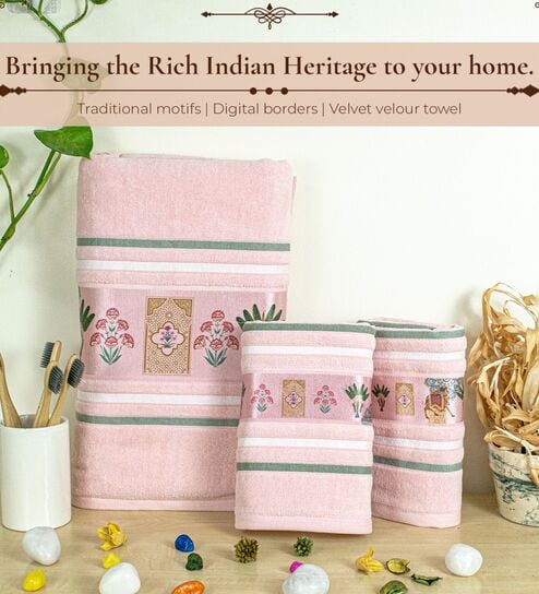 Peach Cotton Printed 460 GSM Bath & Hand Towels 3Pcs Bath And Hand Towels-image-10