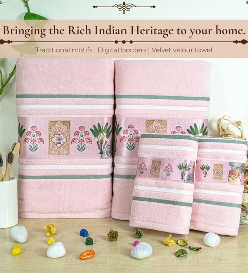 Peach Cotton Printed 460 GSM Bath & Hand Towels 4Pcs Bath And Hand Towels Set)-image-9