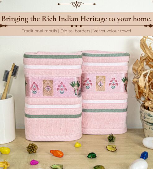 Peach Cotton Printed 460 GSM Hand Towels Pack of 2-image-6