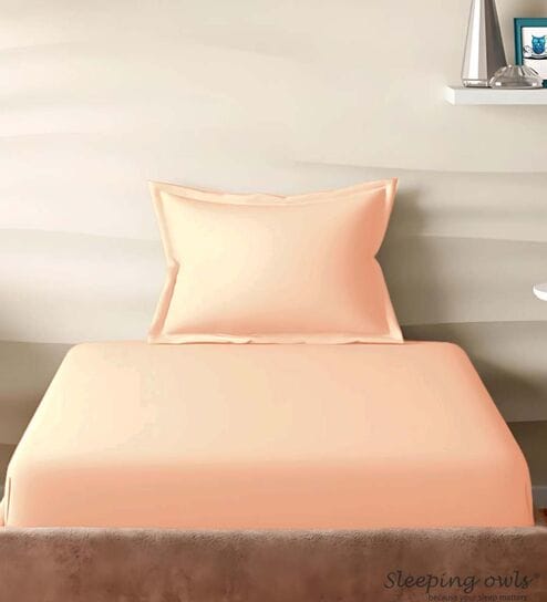 Peach Cotton Solid 210TC Plain Single Bedsheet with 1 Pillow Cover
