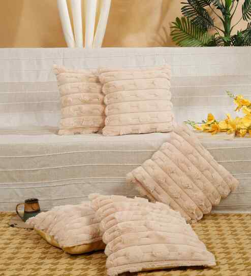 Peach Cotton Textured 16X16 Inches Cushion Covers (Pack of 5)