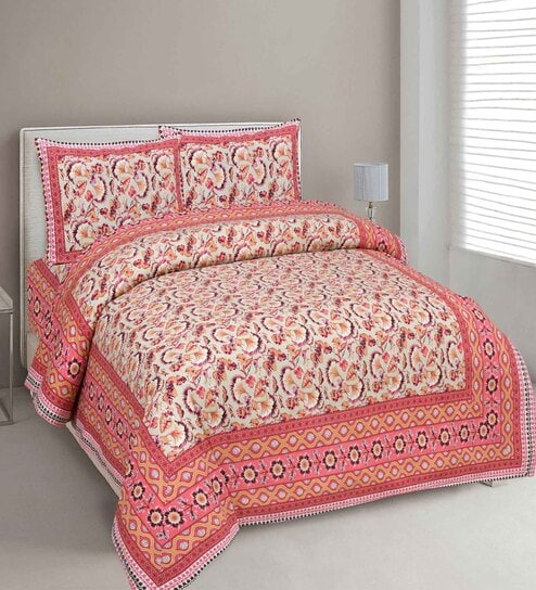 Peach Floral 144 TC Cotton King Bedsheet and 2 Pillow Cover by UniqChoice