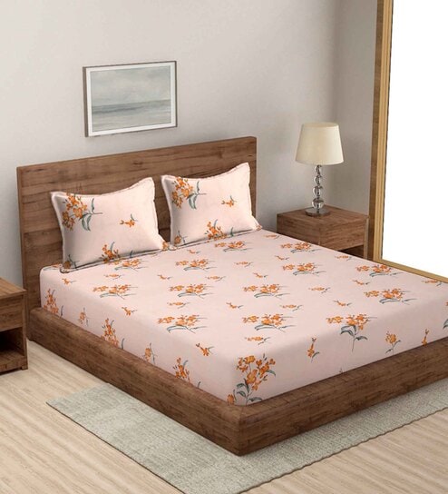 Peach Floral 144 TC Microfiber Double King Sized Bedsheet With 2 Pillow Covers
