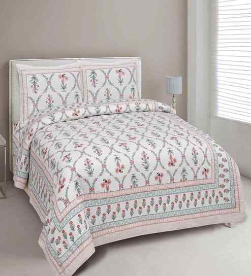 Peach Floral 180 TC Cotton  King Sized Bedsheet with 2 Pillow Covers