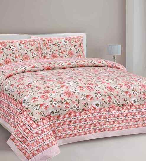 Peach Floral 180 TC Cotton  King Sized Bedsheet with 2 Pillow Covers