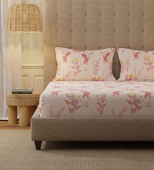 Peach Floral 200 TC Cotton Double Bedsheet with 2 Pillow Covers