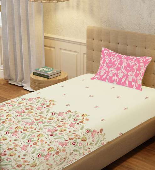 Peach Floral 200 TC Cotton Single Bedsheet with 1 Pillow Cover