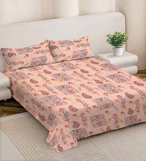 Peach Floral 300 TC Cotton Blend King Size Double Bedsheet with 2 Pillow Covers