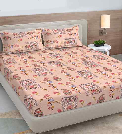 Peach Floral 300 TC Cotton Blend King Size Fitted Double Bedsheet with 2 Pillow Covers