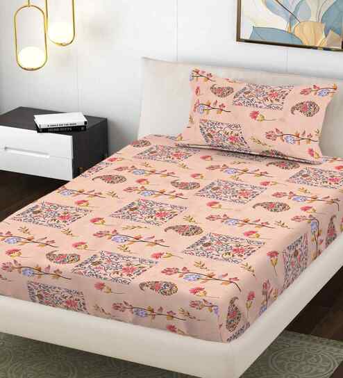 Peach Floral 300 TC Cotton Blend Single Bedsheet with 1 Pillow Cover