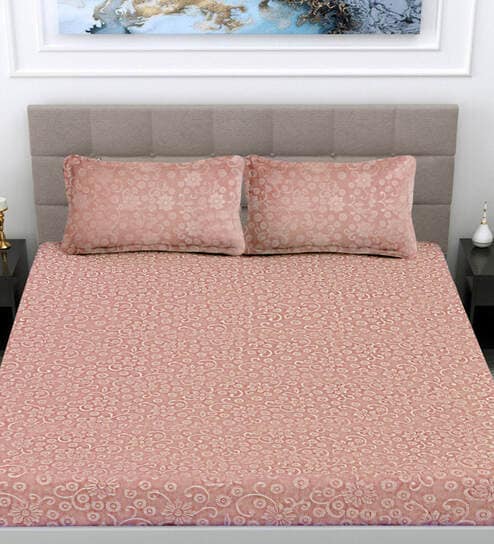 Peach Floral 300 TC Woollen Fitted Double Bedsheet with 2 Pillow Covers