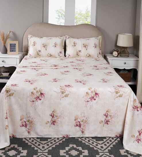 Peach Floral Print 300 TC Cotton Double Bed Sheet with 2 Pillow Covers Sensory Bloom Collection