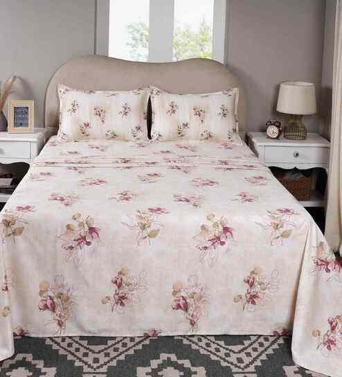 Peach Floral Print 300 TC Cotton King Size Bed Sheet with 2 Pillow Covers Sensory Bloom Collection