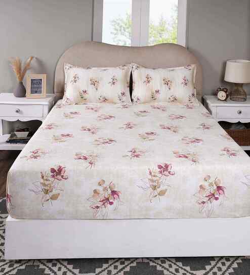 Peach Floral Print 300 TC Cotton Single Bed Fitted Sheet with 1 Pillow Cover Sensory Bloom Collection
