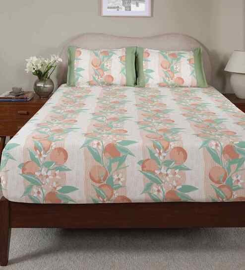 Peach Fruit Print 200 TC Cotton Double Bed Fitted Sheet with 2 Pillow Case Sensory Bloom Collection