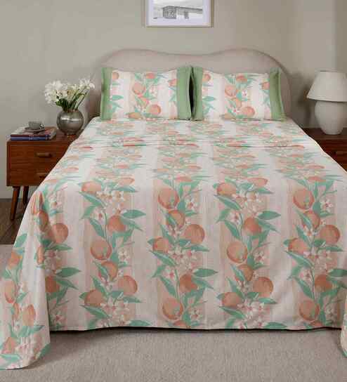 Peach Fruit Print 200 TC Cotton Double Bed Sheet with 2 Pillow Covers Sensory Bloom Collection