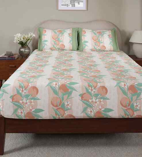 Peach Fruit Print 200 TC Cotton Single Bed Fitted Sheet with 1 Pillow Cover Sensory Bloom Collection