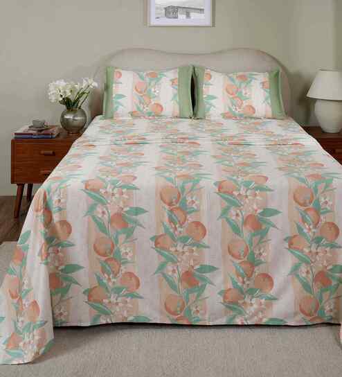 Peach Fruit Print 200 TC Cotton Single Bed Sheet with 1 Pillow Cover Sensory Bloom Collection