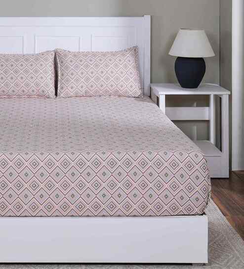 Peach Geometric Print 144 TC Cotton Double Bed Fitted Sheet with 2 Pillow Case Sensory Bloom Collection