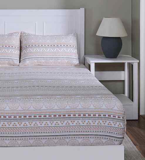 Peach Geometric Print 144 TC Cotton Single Bed Fitted Sheet with 1 Pillow Cover Sensory Bloom Collection