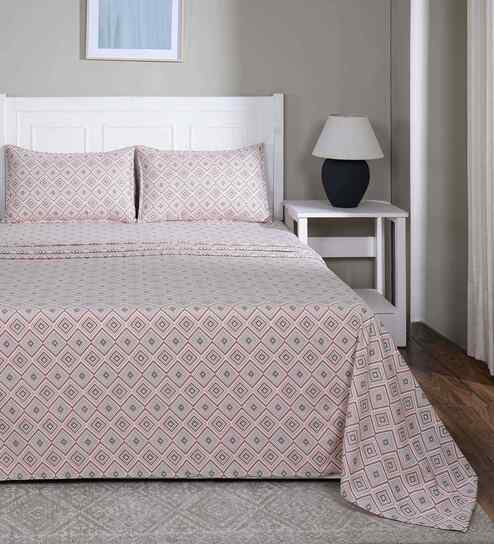 Peach Geometric Print 144 TC Cotton Single Bed Sheet with 1 Pillow Cover Sensory Bloom Collection