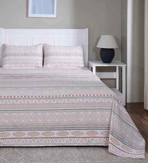 Peach Geometric Print 144 TC Cotton Single Bed Sheet with 1 Pillow Cover Sensory Bloom Collection