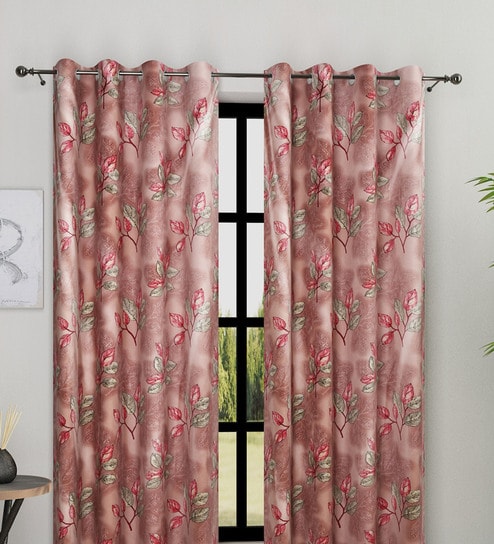Peach Polyester Floral Light Filtering Eyelet 7 Feet Door Curtains (2 Pc)