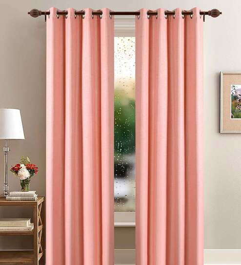 Peach Polyester Solid 8 Ft Blackout Eyelet 2 Door Curtains By Deco Window