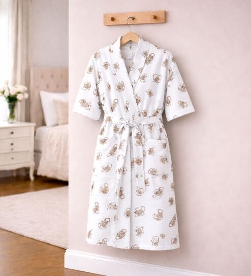 Peach Printed Cotton Women Bath Robe With Belt (L)