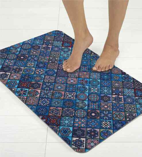Blue Traditional Printed Rubber 22x14 Inches Anti Skid Bath Mat