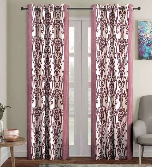 Pink Floral Polyester 7 Ft Semisheer Eyelet Door Curtains (Set of 2)