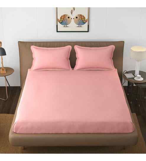 Peach Solid 144 TC Cotton King Fitted Bedsheet Bedsheet 2 Pillow Shades Collection