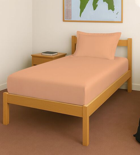 Peach Solid 400 TC Cotton Single Sized Fitted sheet with 1 Pillow Cover