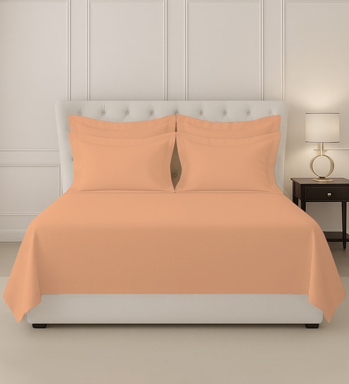 Peach Solid 400 TC Cotton Super King Sized Bedsheet with 4 Pillow Covers