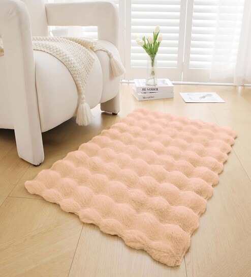 Peach Solid Polyester 3 X 5 Feet Bubble Fur Machine Made Carpet