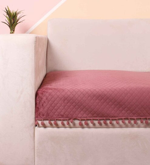Peach Solid Velvet 1 Seater Quilted Sofa Cover (Protector) with Pompom