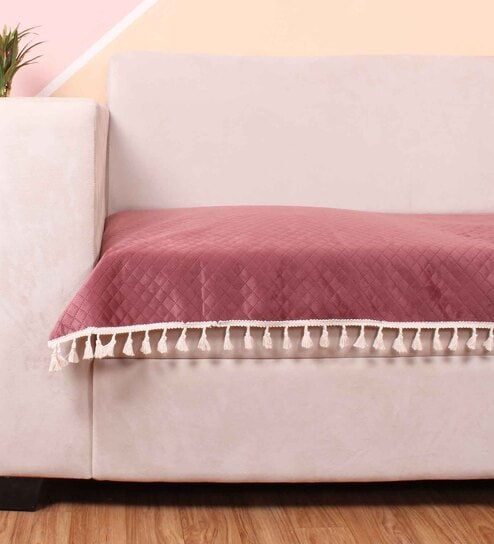 Peach Solid Velvet 1 Seater Quilted Sofa Cover (Protector) with Tassel